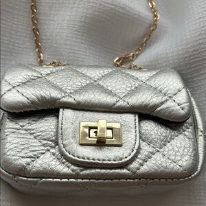 La crème Mettalic Mini Purse Silver with a gold chain strap and turnlock
